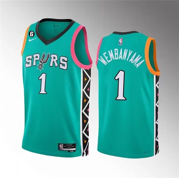Men's San Antonio Spurs #1 Victor Wembanyama Teal 2022/23 City Edition Swingman With NO.6 Patch Stitched Basketball Jersey
